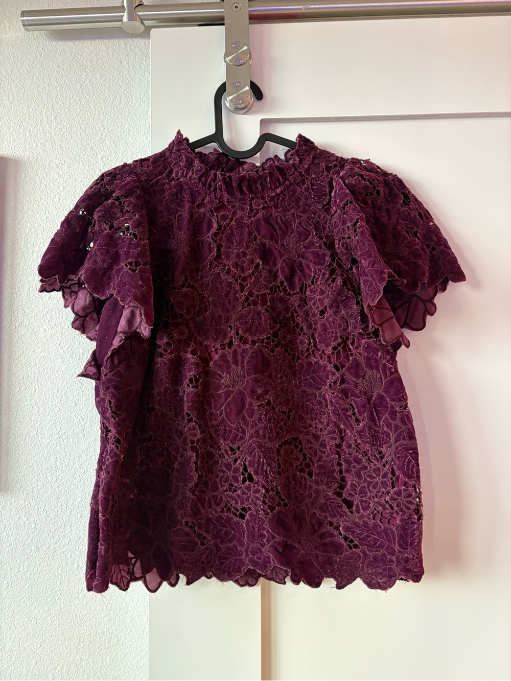Anthropologie Deep Plum Lace Ruffle Sleeve Blouse